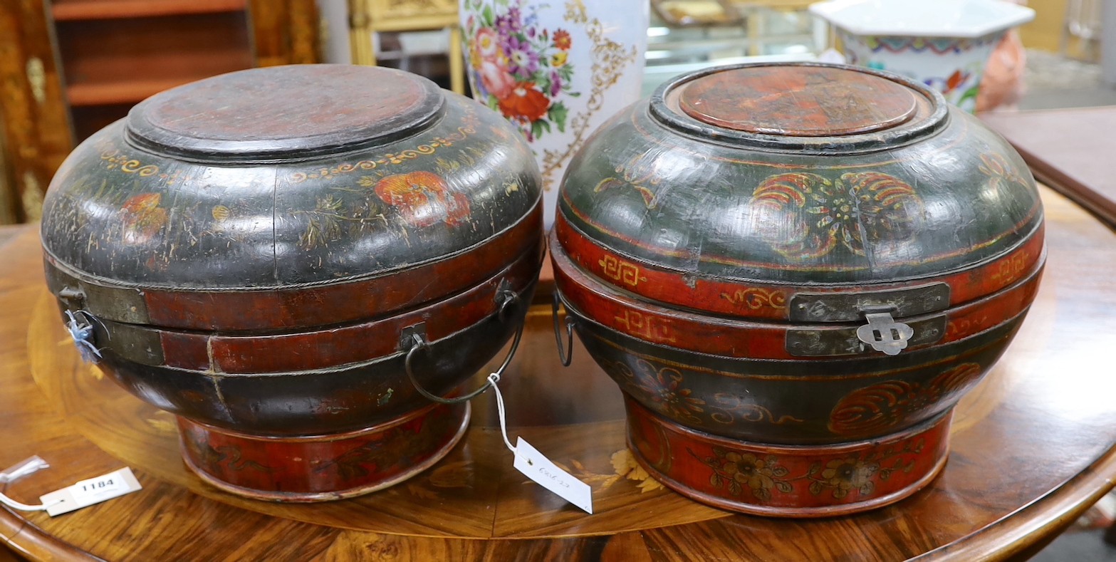 Two similar Southern Chinese polychrome lacquered wedding baskets